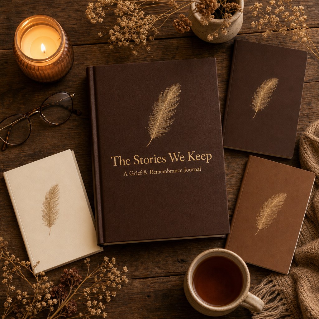 The Complete Bundle — The Stories We Keep grief & remembrance journal with three bonus guides, featuring the golden feather logo on warm brown covers