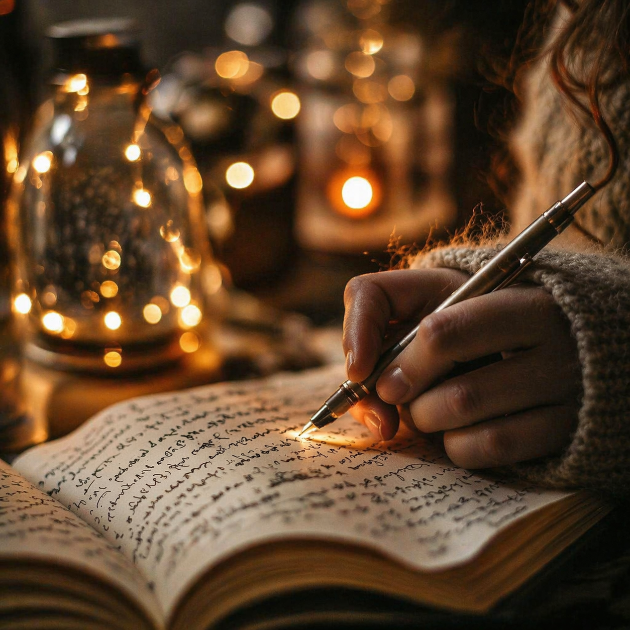 Hands writing in a beautiful journal under warm soft lighting