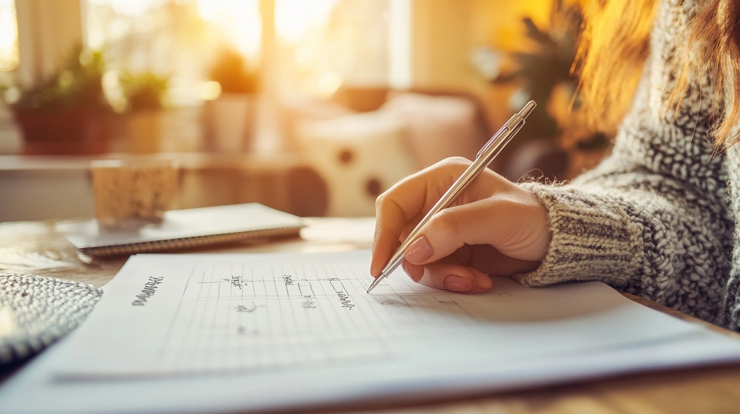 Warm sunlit journal writing scene with soft golden light