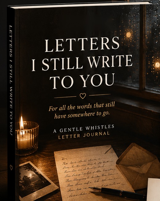 Letters I Still Write to You journal standing beside a candle, handwritten letters and a fountain pen by a rainy window