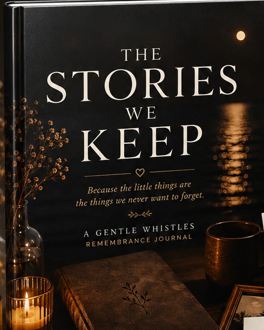 The Stories We Keep remembrance journal standing on a table beside dried flowers, a warm mug and a candle