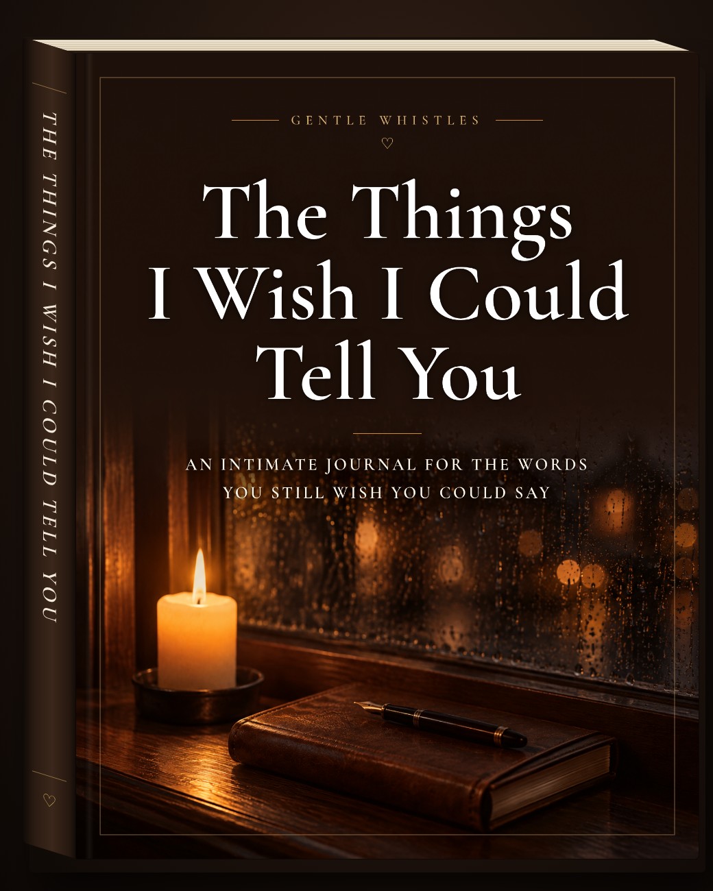 The Things I Wish I Could Tell You hardcover journal with a candle glowing by a rainy window on the cover