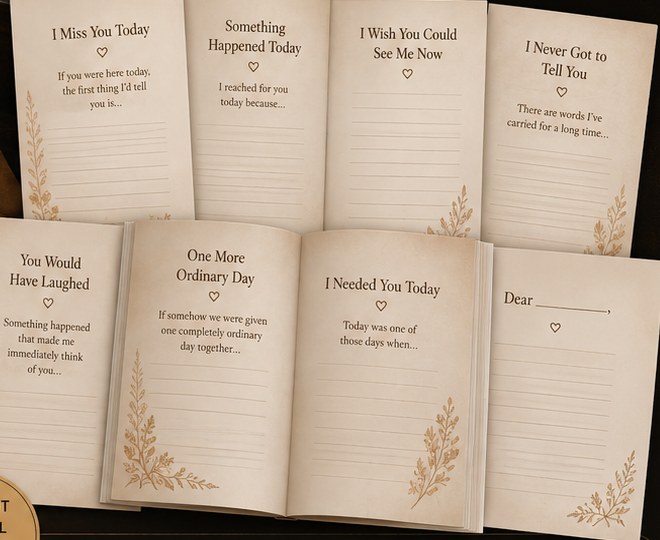 Open pages of Letters I Still Write to You showing gentle guided letter prompts