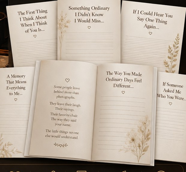 Open pages of The Stories We Keep showing gentle guided remembrance prompts
