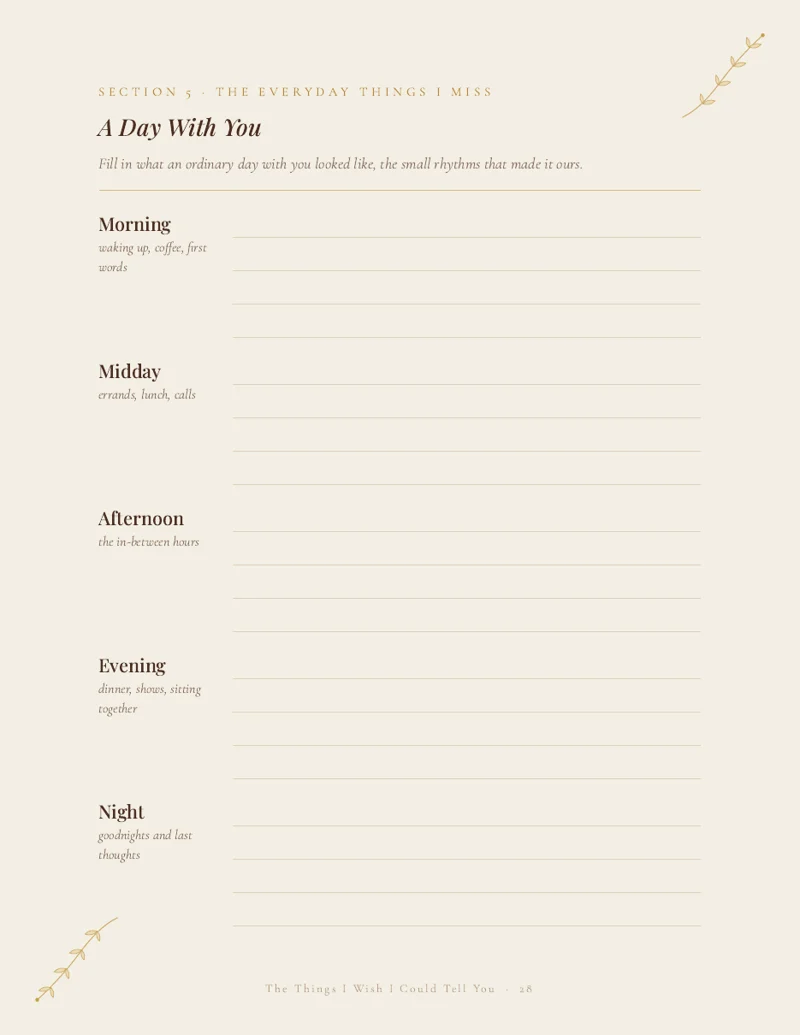 Journal page "A Day With You" with lined spaces for morning, midday, afternoon, evening and night