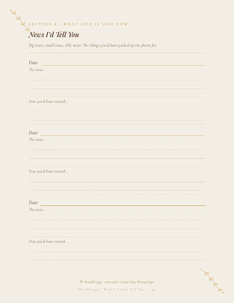Reusable journal page "News I’d Tell You" with dated entries for the news and how they would have reacted