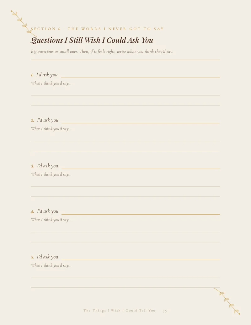 Journal page "Questions I Still Wish I Could Ask You" with five questions and space for their answers
